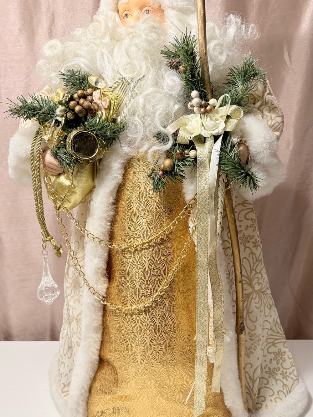 Father Xmas  Santa 27” Tall Elegant Gold & Cream Holiday Figurine Centerpiece